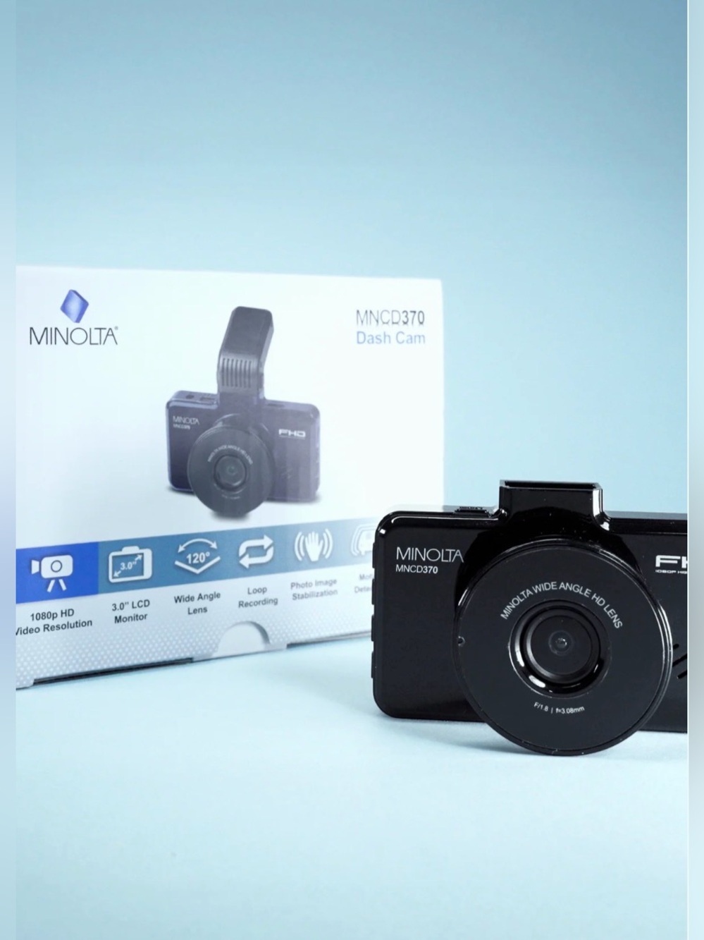 MINOLTA MNCD370 Black Dash Cam with Wide Angle Lens